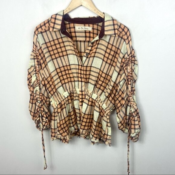 Free People Pacific Dawn Plaid Shirt Drawstring Size Small Brown Boho Top Button - Picture 10 of 11